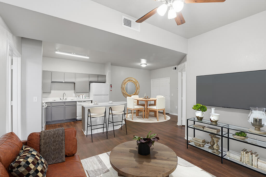 The building exterior of the leasing center at the Almeda Park Apartments in Houston, Texas.